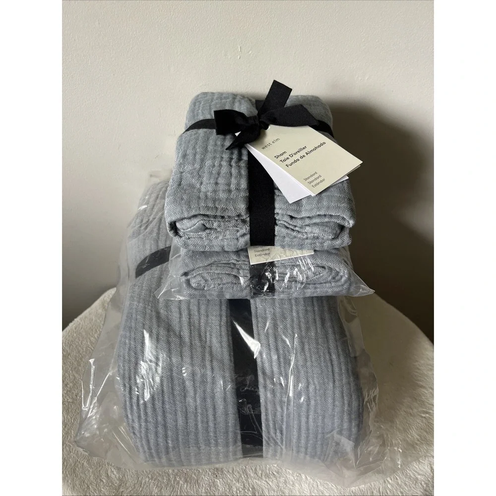 west elm Dreamy Gauze Cotton Queen Duvet Cover + 2 Standard Shams Set NEW Blue
